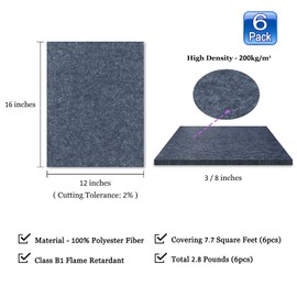 BXI Sound Absorber - 16 X 12 X 3/8 Inches 6 Pack High Density Acoustic Absorption Panel, Sound Absorbing Panels Reduce Echo Reverb, Tackable Acoustic Panels for Wall and Ceiling Acoustic Treatment