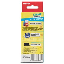 Kit de recarga para Sello Trodat Stamp and Stick, kit con 40 etiquetas resistentes al agua, 1 m cinta adherible para ropa y 1 cartucho tinta textil negra