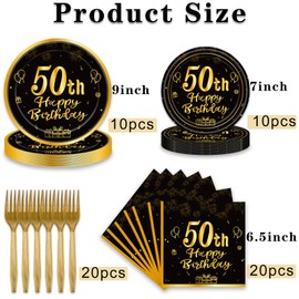 60Pcs 50th Birthday Party Supplies 50th Birthday Plates Napkins Forks Tableware Set Black Gold Happy 50th Birthday Themed Tableware Decoration for Men Women Birthday Party Tableware (Black Gold 50th)