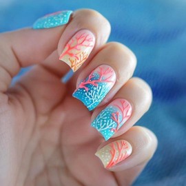 Ocean Press on Nails Medium Square Fake Nails with Red Coral Design Glossy False Nails Summer Acrylic Nails Kit with Jelly Glue Reusable Full Cover Stick on Nails for Women 24Pcs