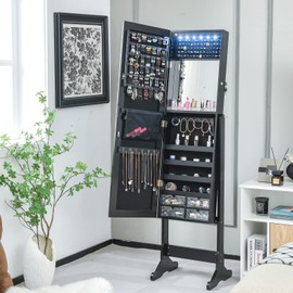 CHARMAID 6 LEDs Jewelry Cabinet Armoire with High Full length Mirror, Lockable Standing Jewelry Organizer Storage with lipstick Tray, Built-in Vanity Mirror, 4 Drawers, 4 Adjustable Angles (Black)