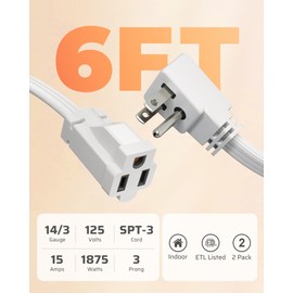 DEWENWILS Heavy Duty 6FT Extension Cord with 3-Prong Flat Plug, 15A/1875W 14/3 SPT-3 Flat Wire, Space Saving for Home Office Appliances & Electronics, ETL Listed, 2 Pack, White