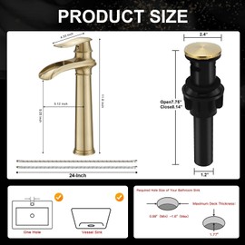 RUITHOE Brushed Gold Bathroom Vessel Sink Faucet, Waterfall Bathroom Faucet, Vessel Faucet, Tall Body High 1 Hole Single Handle with Pop Up Drain Combo Vanity Mixer Tap Farmhouse Basin Bowl Vintage