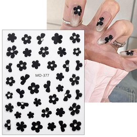 Gold Flower Nail Art Stickers with Colorful Nail Rhinestones 5D Self-Adhesive Black Flowers Nail Decoration 2 Sheets Summer Embossed Floral Nail Decals Glitter Shiny Flower Nail Stickers for Women