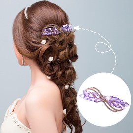 HINZIC 2PCS Purple Rhinestone Hair Barrettes, Large Crystal Hair Clips, Sparkly Bridal Decorative Wedding Prom Engagement Valentines Accessories for Women Thick Long Hair