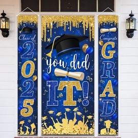 Blue and Gold Graduation Decorations Class of 2025 Congrats Grad Banner and You Did It Graduation Door Cover for High School College Graduation Party Supplies(Blue)
