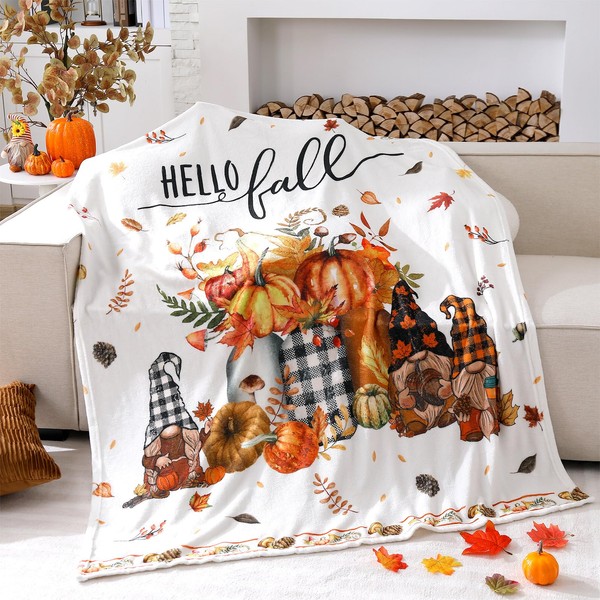Breling Fall Throw Flannel Blanket Pumpkin Gnome Cozy Fuzzy Warm