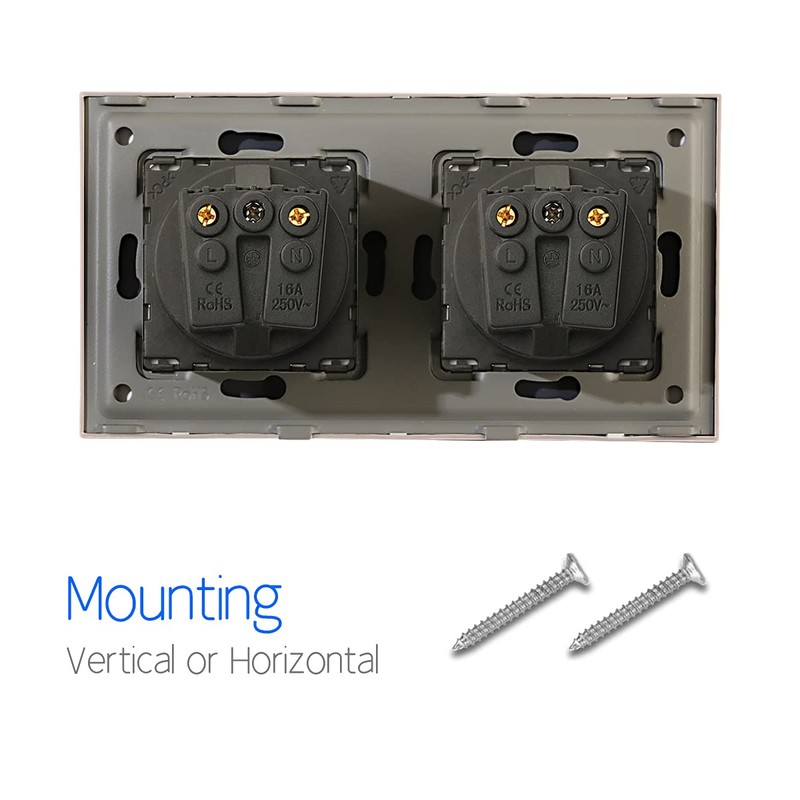 CNBINGO Glass Schuko Socket, Flush-Mounted, Double Wall Socket, Gold, with