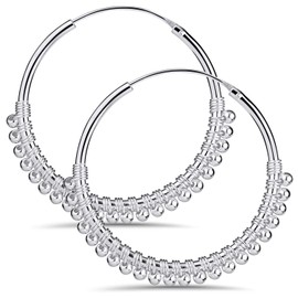 Materia Women's Creole Earrings 925 Silver with Pendant Balls Oriental Earrings in 20 and 30 mm, Silver