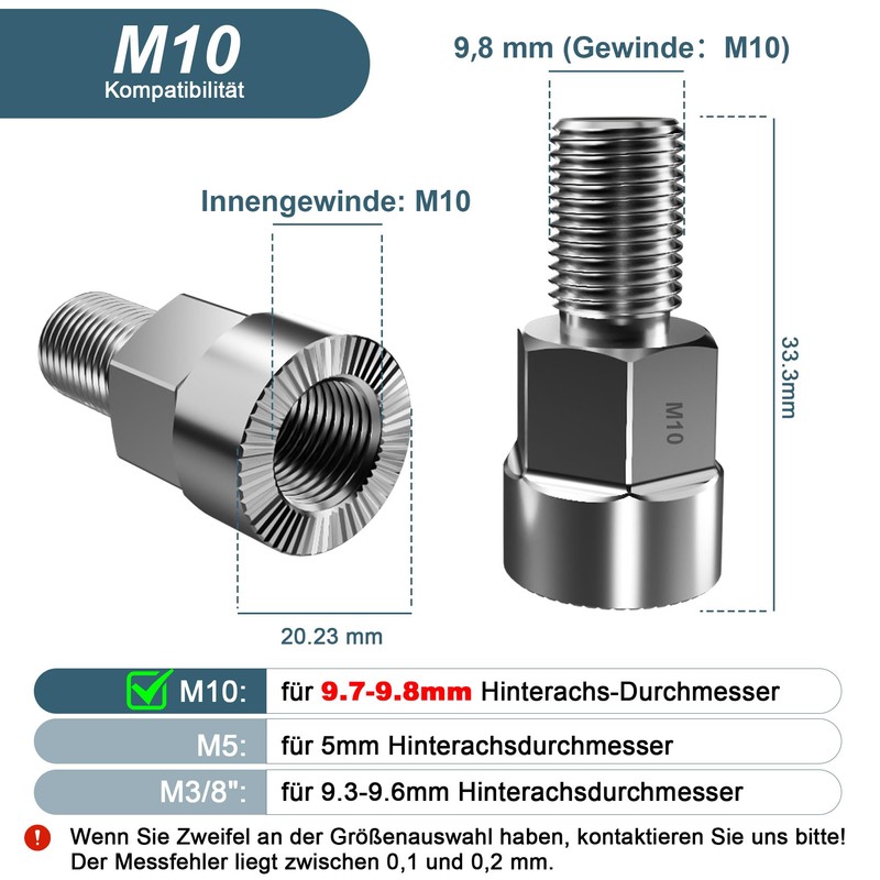 Bicycle Axle Adapter M10 x 1.0, Universal Axle Adapter for