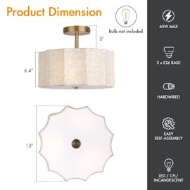 HILUXIA 13 Inch Modern Linen Petal Ceiling Light Fixture, Semi Flush Mount Drum Light for Bedroom Kitchen Dining Room Entryway, Fabric Lighting Lamp in Gold for Farmhouse Hallway Closet