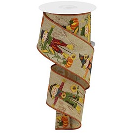 Scarecrow Themed Wired Ribbon with Sunflowers, Pumpkins, and Cornstalks for Fall and Thanksgiving Decorations - 2.5" x 10 Yards - Brown, Orange, Multicolor