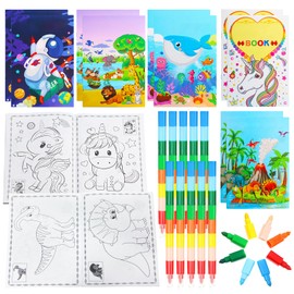 Children's Colouring Book Set, 10 Mini Colouring Books for Children and 10 Wax Crayons, Stackable, DIY Art Painting Book, Colouring Book Children's Set from 3 4 5 6 Years for Party Bags Children's