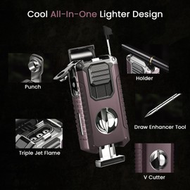 5-in-1 Butane Torch Lighter with Punch, Holder, Draw Enhancer and Tool, Windproof Triple Flame Lighters Gift for Men, Multifunctional Accessories Cool Lighters for Candles, Travel, Outdoor