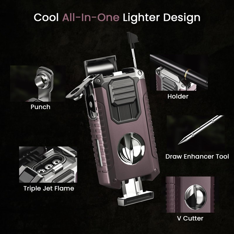 5-in-1 Butane Torch Lighter with Punch, Holder, Draw Enhancer and