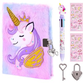 ENYILEE Unicorn Diary with Lock for Girls,Cute Plush Journal Notebook Set for Kid with Stickers,Fluffy Secret Notebook for Writing and Drawing Gifts for Girls ages 6-8