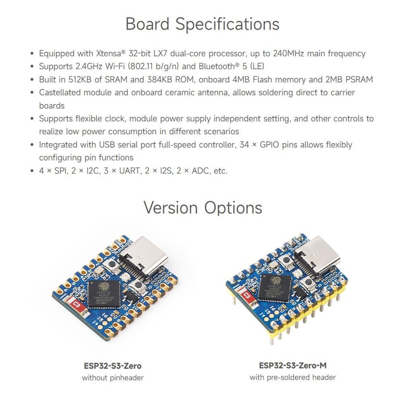 Waveshare 3PCS ESP32-S3 Mini Development Board, Based On ESP32-S3FH4R2, Onboard