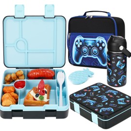 Bevalsa Kids Bento Lunch Box with 6 Compartment, Stainless Steel Metal Water Bottle, Insulated Bag, Ice Pack & Utensils, BPA-Free Leakproof Food Container for School Boys Girls (Black)