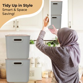 Luxe Function Storage Bins with Bamboo Lid – Stackable, Multi-Purpose Organizers for Pantry, Closet, Kitchen, and Home – Elegant Wicker-Style Design with Ergonomic Handles (Cream)