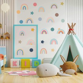 Boho Rainbow Wall Decals Stickers for Baby Kids Room Girls Bedroom Wall Decor Removable PVC Wall Decals for Home Decor Nursery Classroom(76pcs)