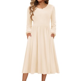 Zeagoo Fall Dresses for Women 2025 Long Sleeve Midi Dress Casual Swing A Line Dress for Beach Vacation Beige