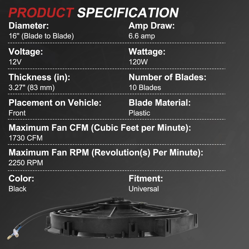 JDMSPEED New Universal Slim 16" Inch 12V Pull 1500 CFM