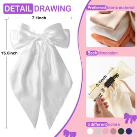 Hair Bows for Women 6Pcs Pink White Royal Blue Gray Dark Green Silky Satin Large Bows Hair Clip Hair Ribbons with Long Tail Hair Accessories Gift for Girls