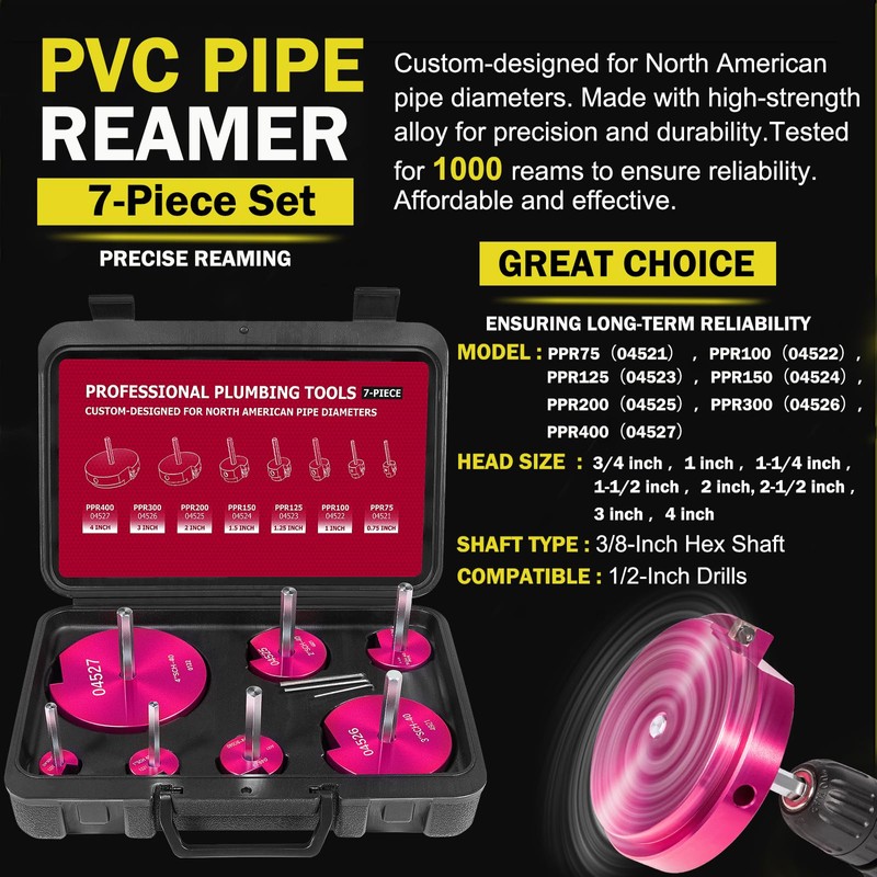Premium 7Pcs PVC Pipe Reamer Kit For 1/2" Drills- Includes