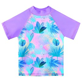 TFJH E Girls Short Sleeve Swimsuits Rash Guard Sets UV 50+ 2PCS Bathing Suits Swimwear Purple Leave Short 8A