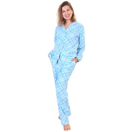 Angelina Women's Pajama Set Cozy Fleece with Notch Collar and Pockets | PJ56_XL | Baby Blue Checker