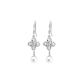 MIKAMU Women's Pearl Earrings, Popular, Finest, Dangling CZ Diamond, 925 Silver, Sterling Silver, Quatrefoil Clover Earrings, Jewelry, Includes Exclusive Box, Silver Sterling Silver Stainless Steel Cubic Zirconia, Cubic Zirconia