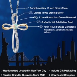 Gem Stone King Infinity Cross Necklace For Women | 925 Sterling Silver & 10K Yellow Gold | 4MM Round Gemstone Birthstone & Lab Grown Diamond Cross Faith Pendant Necklace | With 18 Inch Chain
