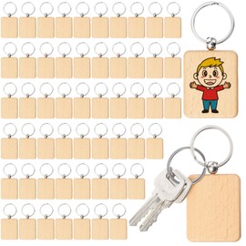 60 Pcs Wooden Keychain Blank with Key Rings, Wood Engraving Unfinished Key Chain Rectangular Keychain Blank for DIY, Crafts Gift, Pet Tags