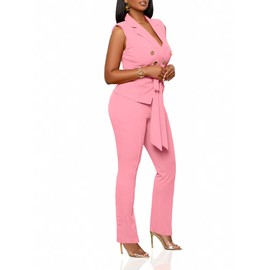 Womens 2 Piece Blazer Pants Set 2025 Trendy V Neck Sleeveless Belted Vest Straight Long Pants Business Suit Sets Pink