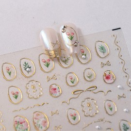 5D Nail Art Stickers with Gold Frames – Embossed Flower Nail Decals Featuring Tulips, Roses, Leaves & Vintage Charms, Self-Adhesive Nail Stickers for DIY Manicure Decorations