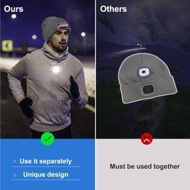 Easymaxx LED Rechargeable Headlamp, Beanie Hat with Light, Clip on Running Light Flashlight Headlamps for Women Men Dad Father Husband (Grey)