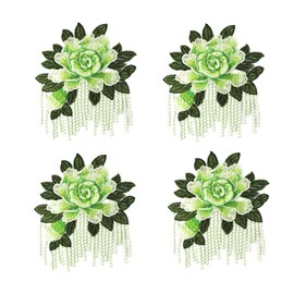 4 Pieces Peonies Sewing Patches Flowers Embroidered Appliques with Tassel Lace Fringe for Garment Trimming Shoes Jeans Clothes Embelishments (Green)