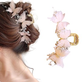 Rannyrena Elegant Large Pearl Crystal Butterfly Claw Clip for Women Thin Thick Curly Hair Cute Leopard Print Bow Strong Hold Hair Accessories (Pink Butterfly Transparent Claw Clip (Pack of 1))