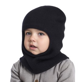 AIDIER Kids Winter Knitted Hood Hat Warm Hat Scarf Earflap Set for 6 Months-8 Years Kids Balaclava Earflap Beanies Caps for Toddler Boys Girls Solid Color Thermal Hooded Scarf Set Black