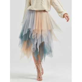 LBKKC Women's Tulle Skirt Formal High Low Asymmetrical Midi Length Elastic Waist Tutu Layered Puffy Fairy Skirts