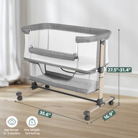 Cowiewie Bassinet Bedside Sleeper, Portable, Breathable, Adjustable Baby Bedside Bassinet for Peaceful Nights, Grey