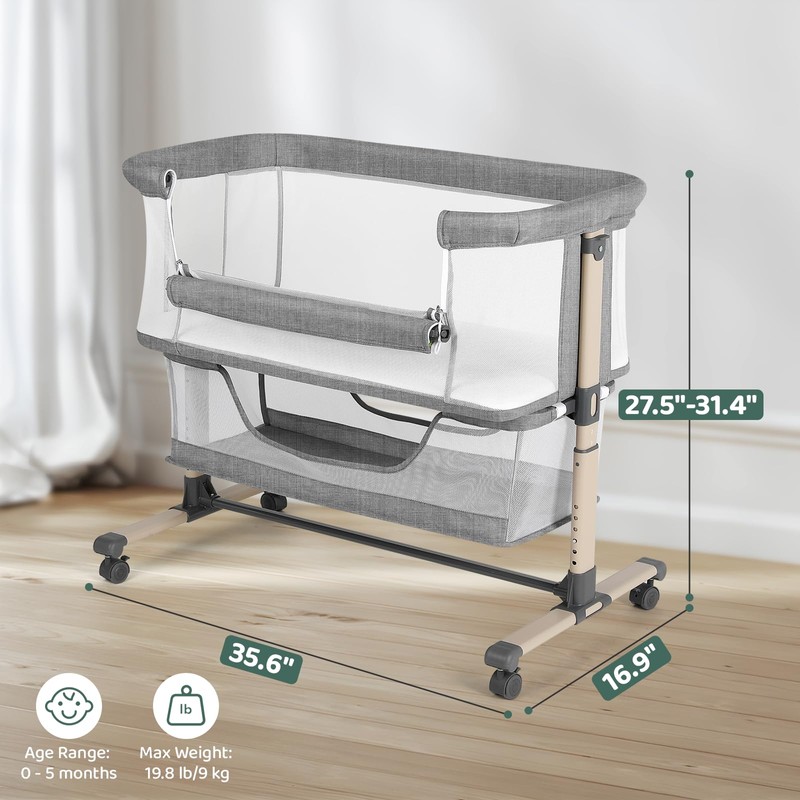 Cowiewie Bassinet Bedside Sleeper, Portable, Breathable, Adjustable Baby Bedside Bassinet