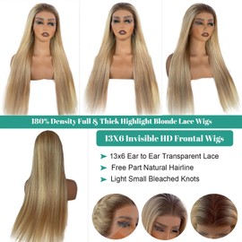 Munx 13x6 Balayage Highlight Lace Front Wig Human Hair Pre Plucked, Ash Blonde Human Hair Lace Front Wigs Thick 180 Density HD Transparent Colored Lace Frontal Wig Human Hair for Women 20in