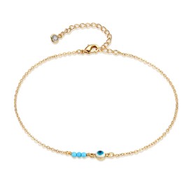 Gold Dainty Turquoise Anklet for Women,14K Gold Plated Cute Tiny Beaded Evil Eye Boho Beach Foot Chain Ankle Bracelet for Women on Summer