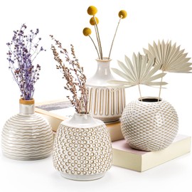 Hedume Set of 4 Terracotta Vases, Dip Glaze Ceramic Vase, Small Flower Vases Set, Decorative Vase for Pampas Grass & Dried Flowers, Modern Rustic Farmhouse, Idea Bookshelf Décor, Dining Table Decor