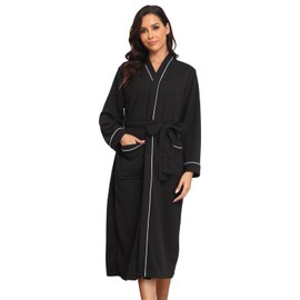 RONGTAI Women's Waffle Robe Soft Long Sleeve Bathrobe with Belted and 2 Pockets Lightweight Loungewear for Sleep Spa Travel (Black, M)