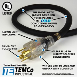TEMCo 50 ft L14-30 - 30Amp EXTREME Cold Weather Generator Extension Power Cord w/Lighted Plugs SJEOW Insulation Remains Flexible to -58F(-50C) 10 Gauge 4 Prong 125/250V 7500W UL Listed 1 YearWarranty