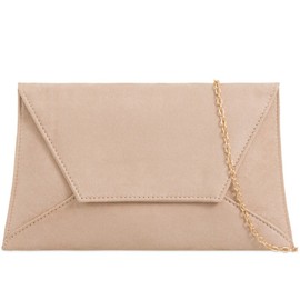 Purple Possum UK Beige Envelope Clutch Bag, Nude Faux Suede Evening Bag, Ladies Light brown Shoulder Bag, Prom Wedding Handbag