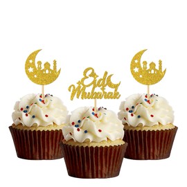 Eid Mubarak Cupcake-Topper/Mondstern/Ramadan-Kareem-Cupcake-Topper/Happy Eid-Party-Cupcake-Dekorationen – islamisch-muslimische Party-Dekoration, goldener Glitzer, 24 Stück