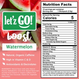 Let'z Go Clean Energy Drink Mix [Healthy Caffeine] Energy Drink Powder With Natural Caffeine Packets, High in Vitamins C + D, Electrolytes, Hydration | Sugar Free | Pre Workout | 15 Count Watermelon